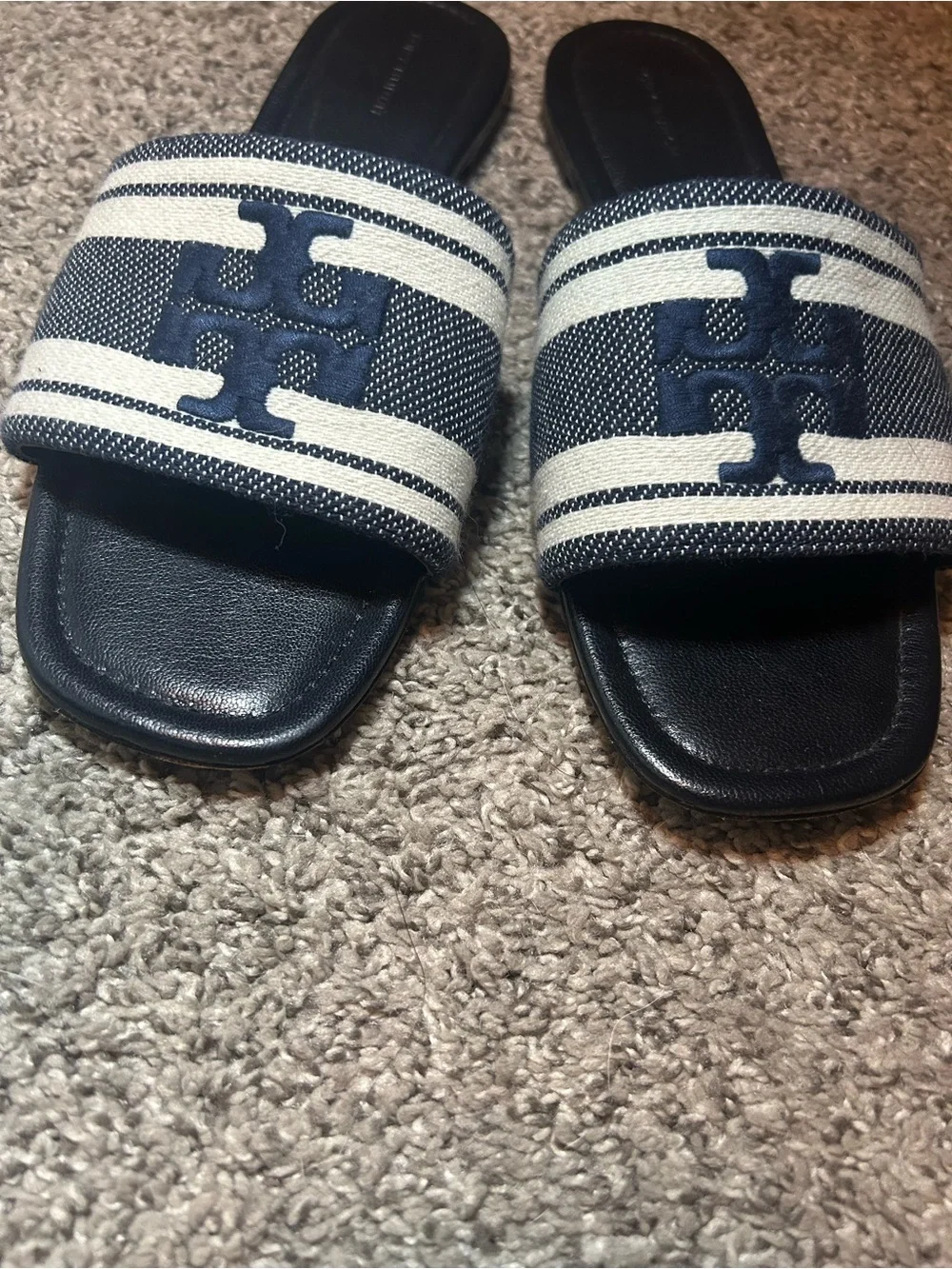 Tory Burch Navy and White Slide Sandals
